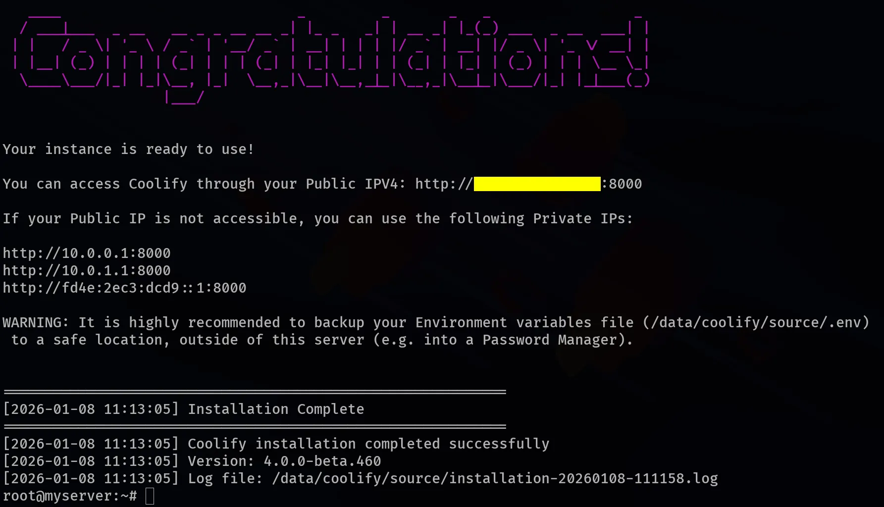 confirming a successful installation of coolify